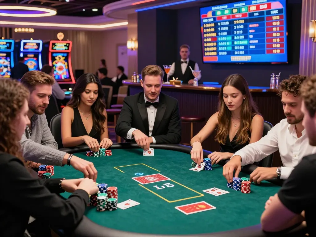 Friends enjoying a lively poker game at wraungtoto casino, with colorful chips and neon lights.