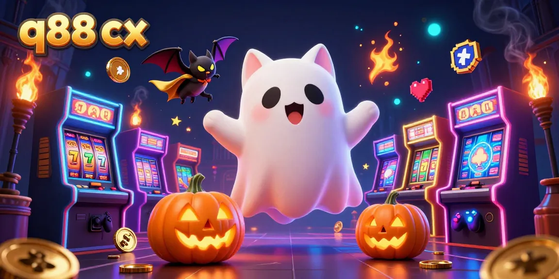 Play games with q88 cx in a hauntingly vibrant casino featuring a ghost cat and a bat.