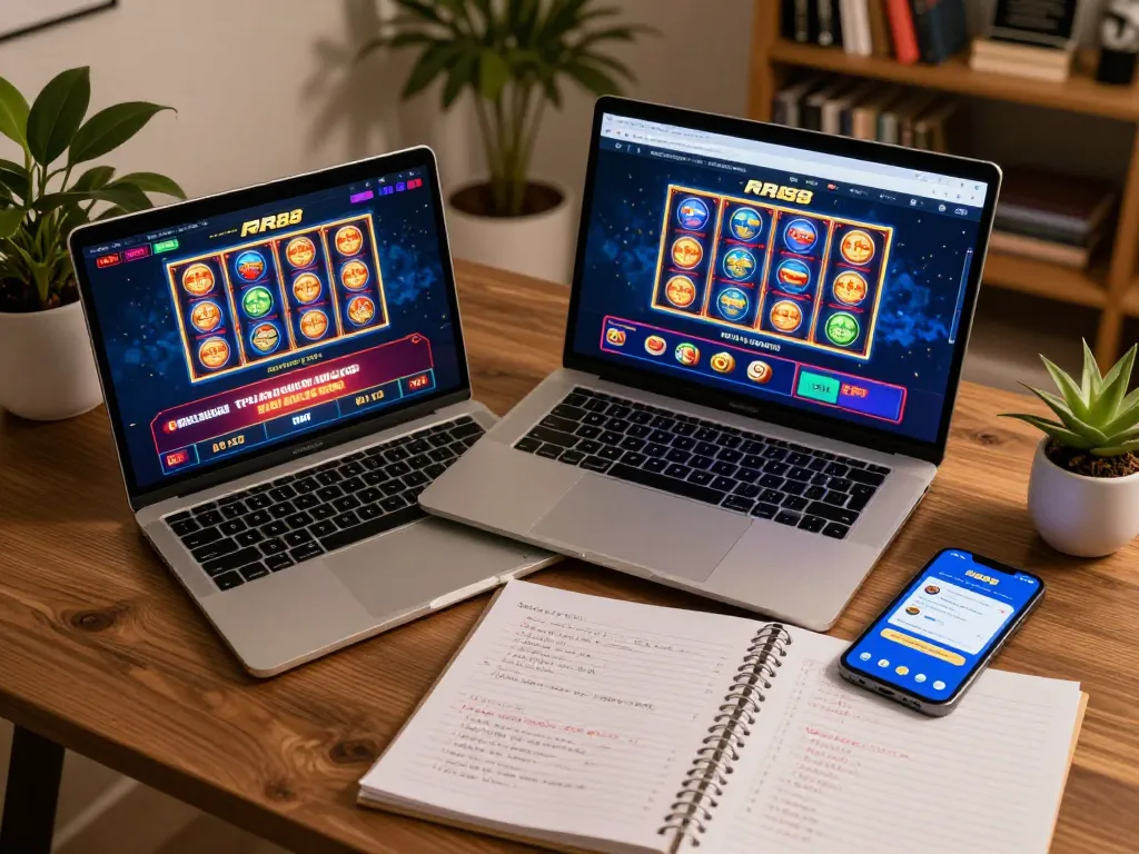 RR88 online gaming scene with sleek laptop and strategic betting notes
