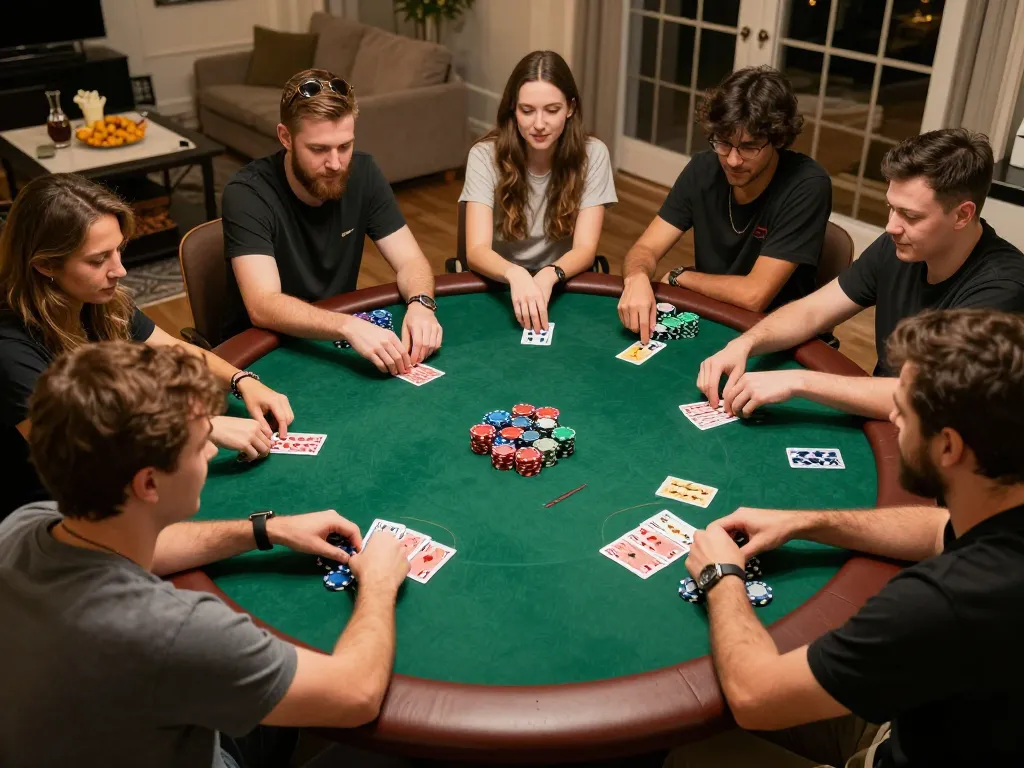Players strategizing during a lively home poker night at MPO08 Link, engaging in competitive gameplay.