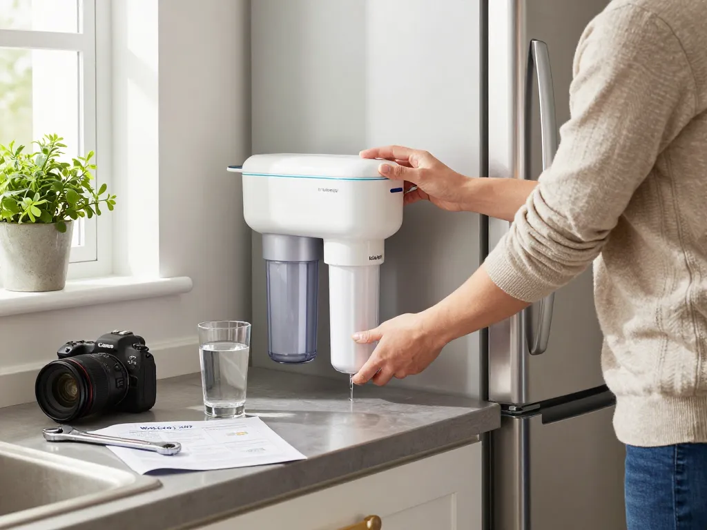 Installing the Waterdrop XWF Refrigerator Water Filter in a modern kitchen for clean drinking water.