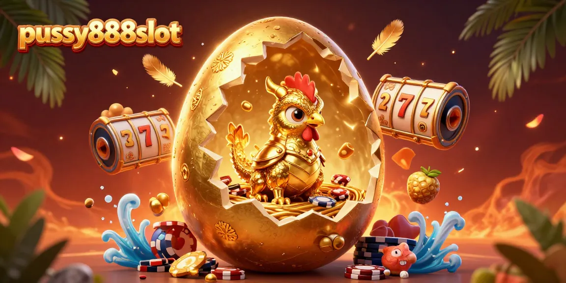 Pussy888slot showcases a vibrant, golden dragon emerging from a jackpot-themed scene, surrounded by slots and casino symbols.