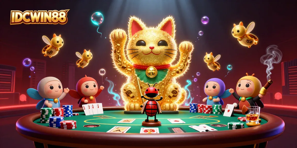 Play exciting games at IDCWIN88 with the giant lucky cat symbolizing good fortune in a vibrant casino setting.