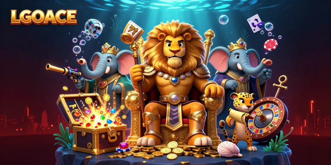 LGOACE showcases a vibrant underwater casino scene featuring a lion king and a wise elephant among dynamic gaming elements.