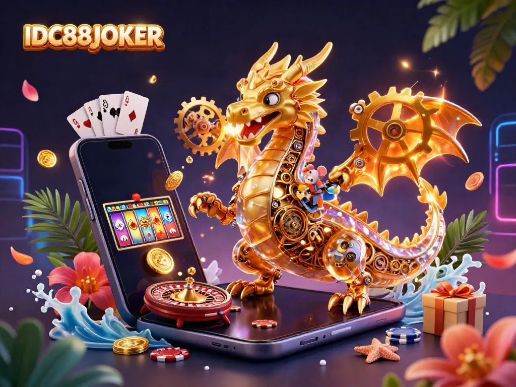 Experience the thrilling gameplay at IDC88JOKER with a golden dragon and exciting casino elements.