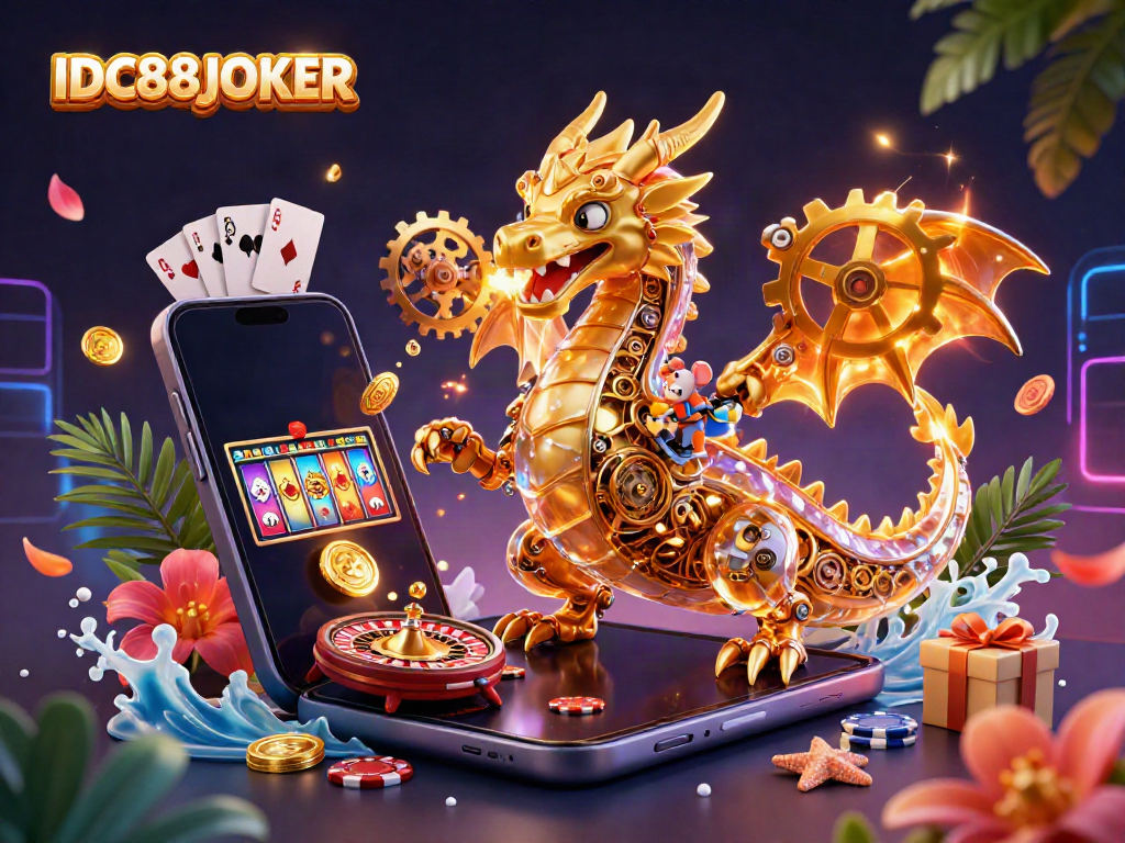 Experience the thrilling gameplay at IDC88JOKER with a golden dragon and exciting casino elements.