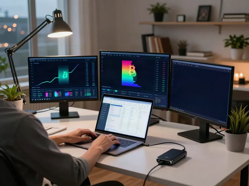 CryptoDenisNFT official channel active trading workspace with multiple screens and digital wallets focused on cryptocurrency.