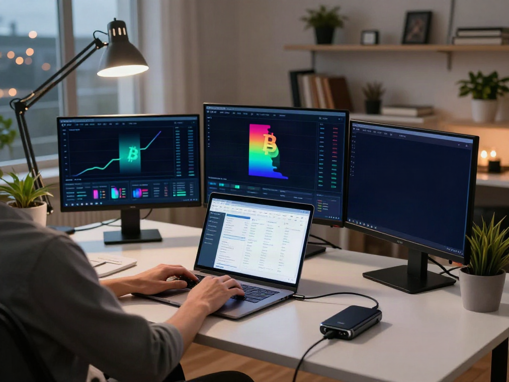 CryptoDenisNFT official channel active trading workspace with multiple screens and digital wallets focused on cryptocurrency.