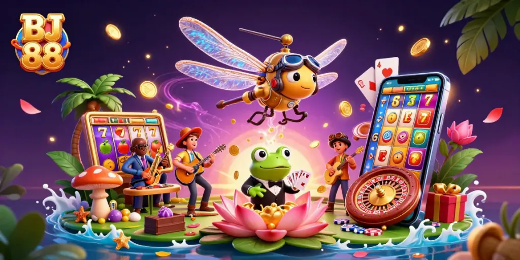 Engage with the vibrant world of BJ 88 casino, showcasing lively characters and dynamic gaming action.