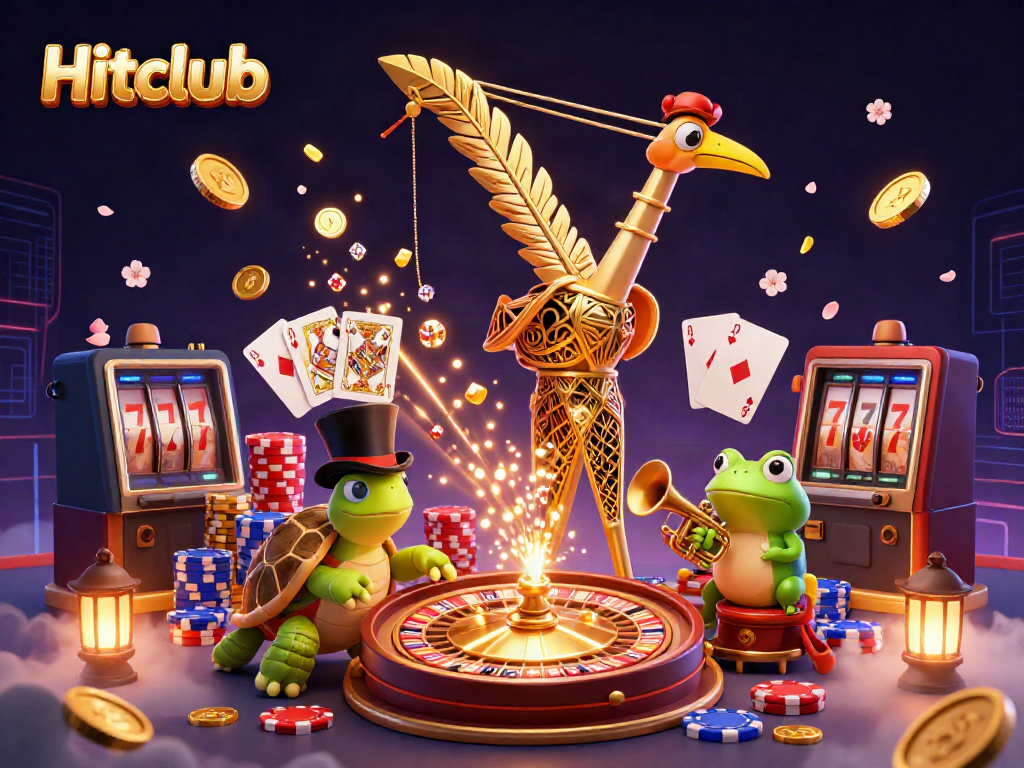 Experience the excitement of Hitclub with vibrant 3D casino characters amidst cascading treasures.