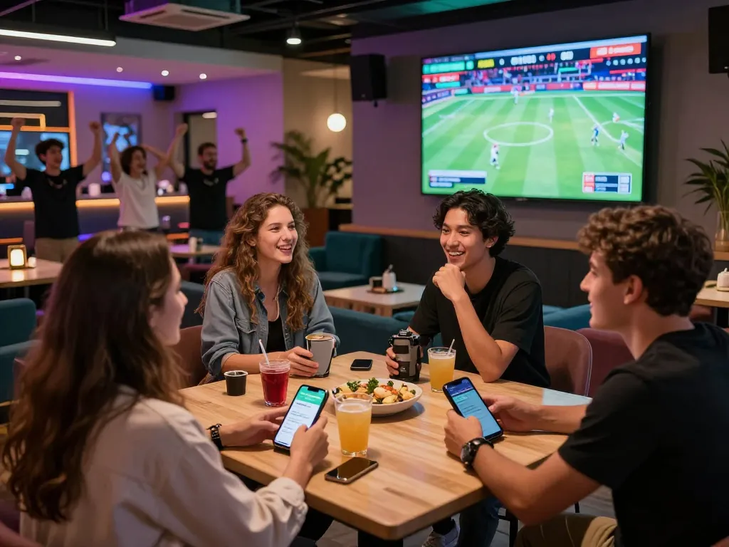 Friends enjoying sports betting experience using the Myfairplay app in a lively lounge.