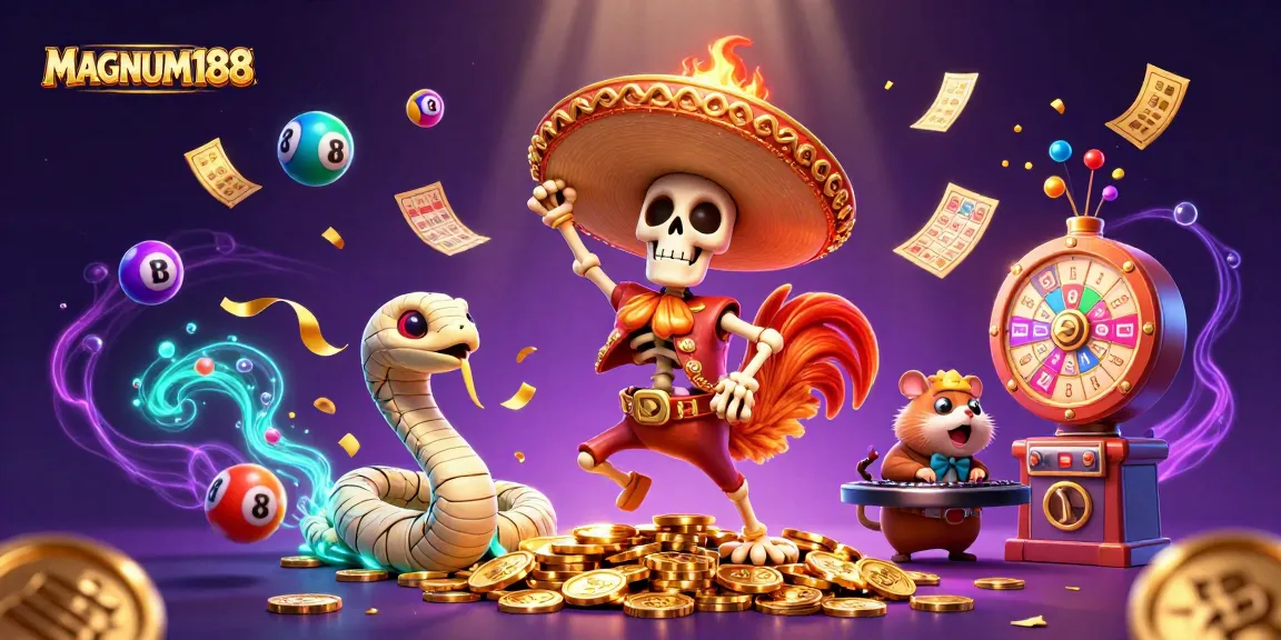 Experience MAGNUM188's vibrant online lottery scene with dancing characters and dynamic prize elements.