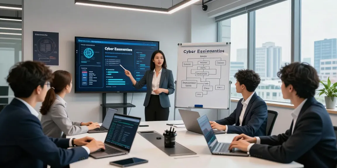 Team discussing cyber essentials strategies in a modern cybersecurity office.