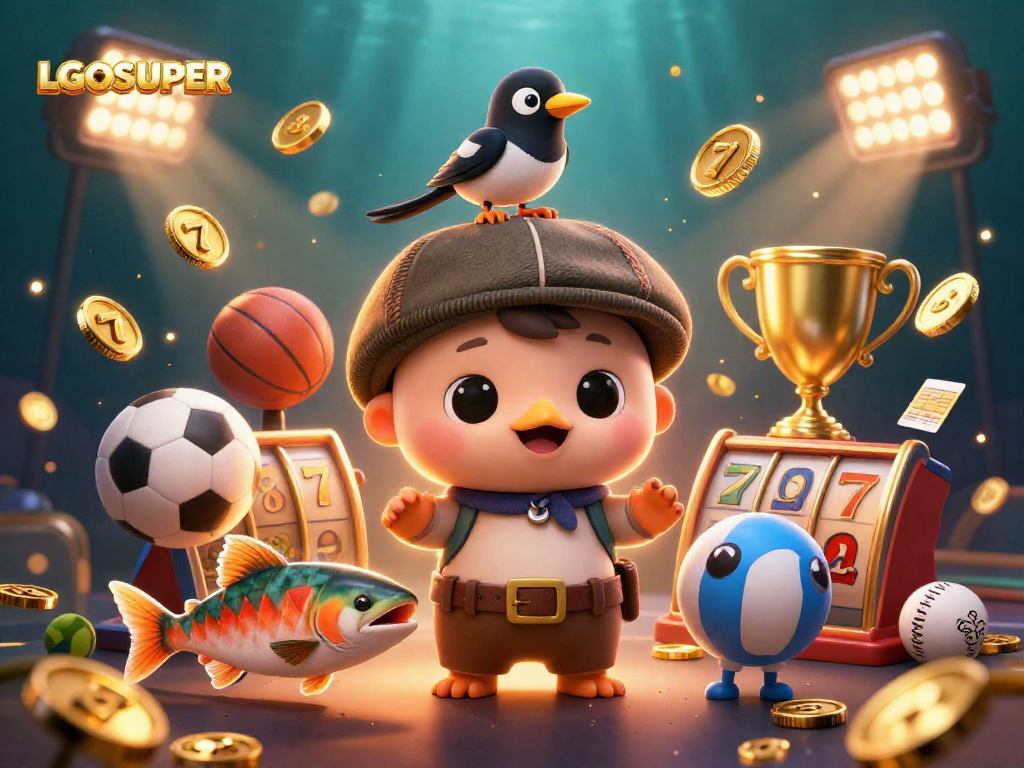 Experience dynamic gaming fun at LGOSUPER with vibrant slot and sports elements in a lively 3D scene.