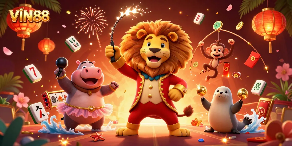 Join the excitement at VIN88, showcasing a vibrant circus-themed casino scene with lively characters.