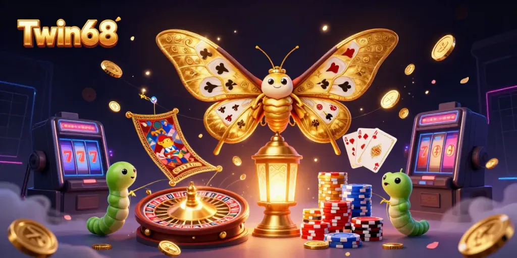 Experience Twin68’s vibrant casino world with golden moths, gems, and dynamic games.