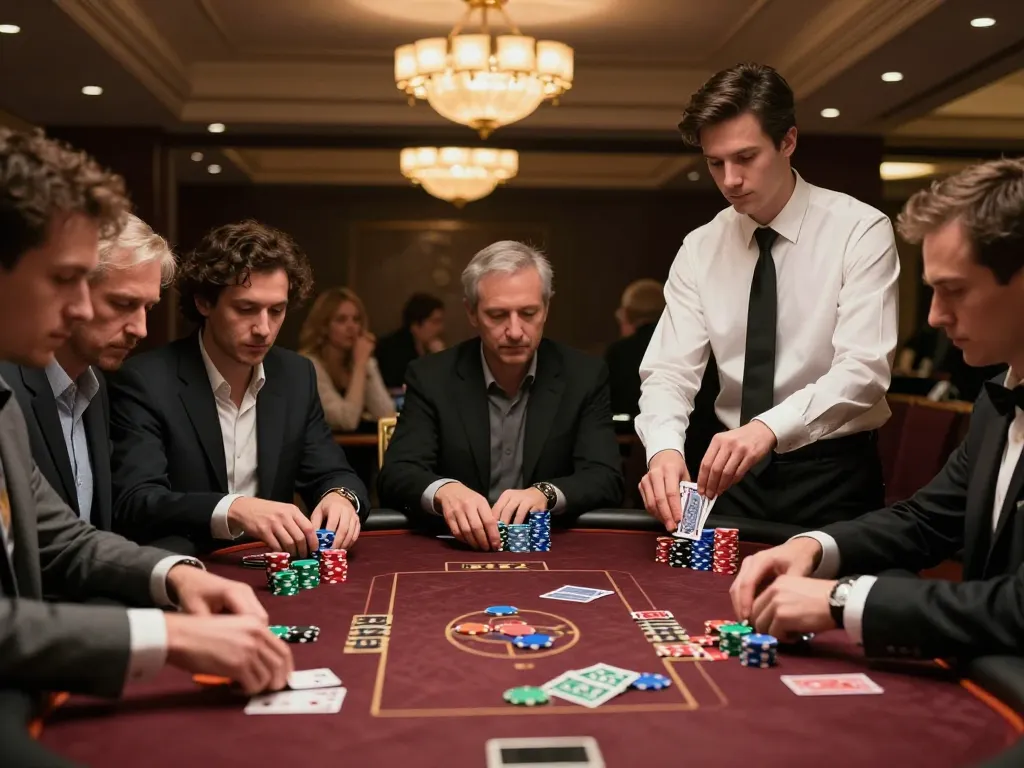 LGO SUPER poker players strategizing during an intense high-stakes game with atmospheric casino decor.