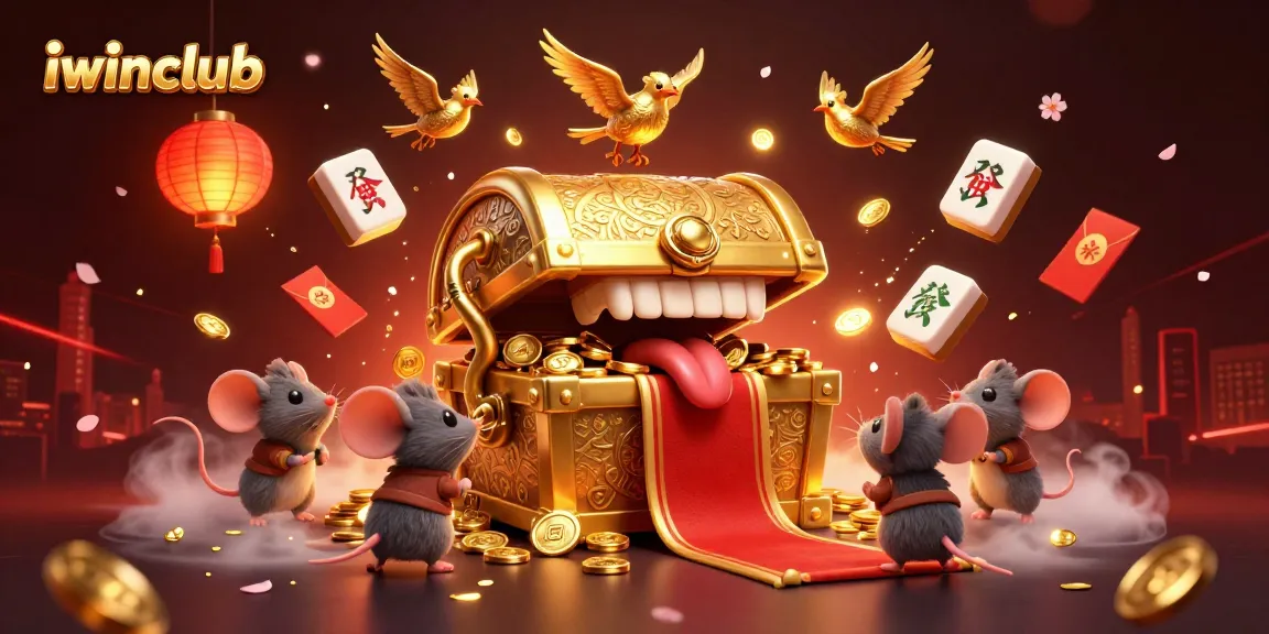 Iwinclub invites players to experience thrills with a treasure chest, golden coins, and festive game elements.
