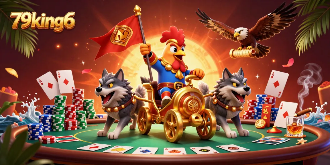 Experience the thrill of 79king6 with vibrant poker scenes featuring a rooster warlord and dynamic casino elements.