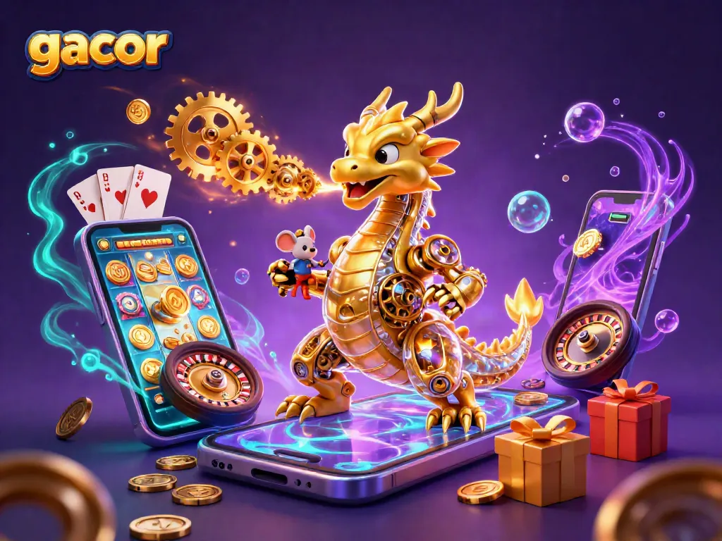 Experience the thrill of gacor slots with a 3D golden dragon and vibrant gaming elements in one lively casino scene.