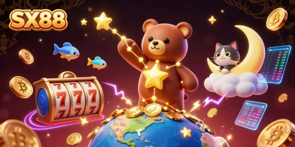 SX88 engages players with golden star elements, vibrant slot games, and dynamic crypto visuals.