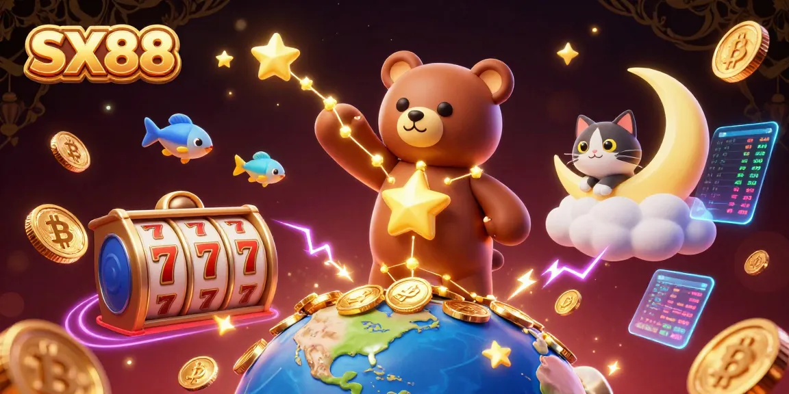 SX88 engages players with golden star elements, vibrant slot games, and dynamic crypto visuals.