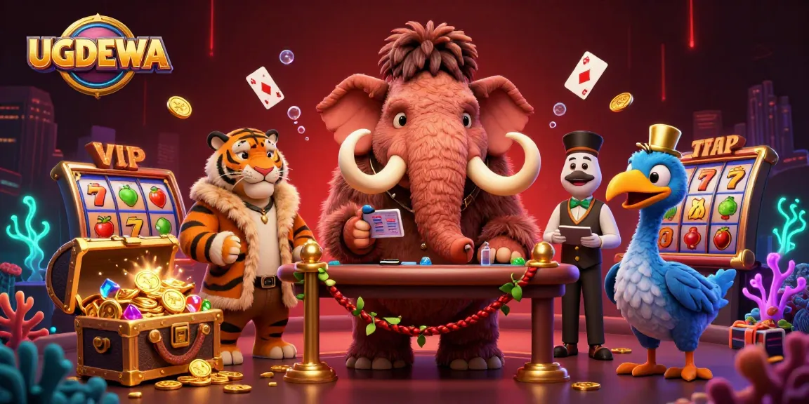 Experience thrilling action at UGDEWA's online slots with vibrant colorful symbols and casino characters.