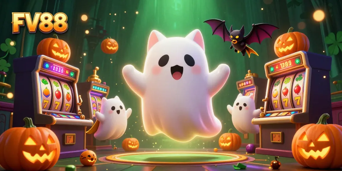Experience the excitement of FV88 with a ghost cat gaming amidst slot machines, jackpots, and casino elements.