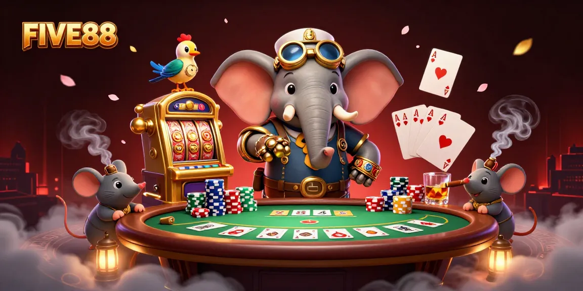 Experience the thrilling scene of FIVE88 with a steampunk elephant playing a golden slot machine.