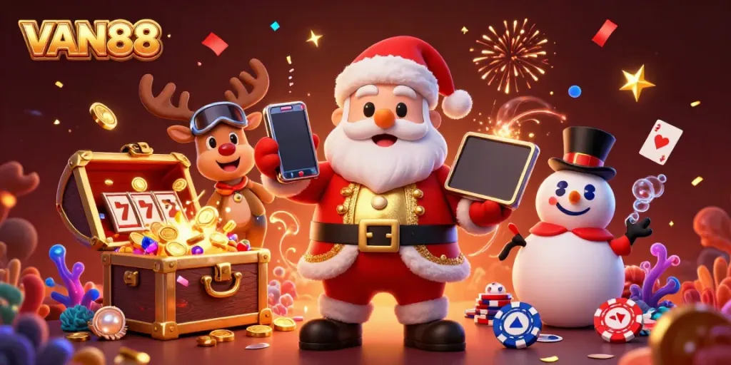 Join the action with VAN88 as Santa and friends celebrate big jackpots in a vibrant casino scene.