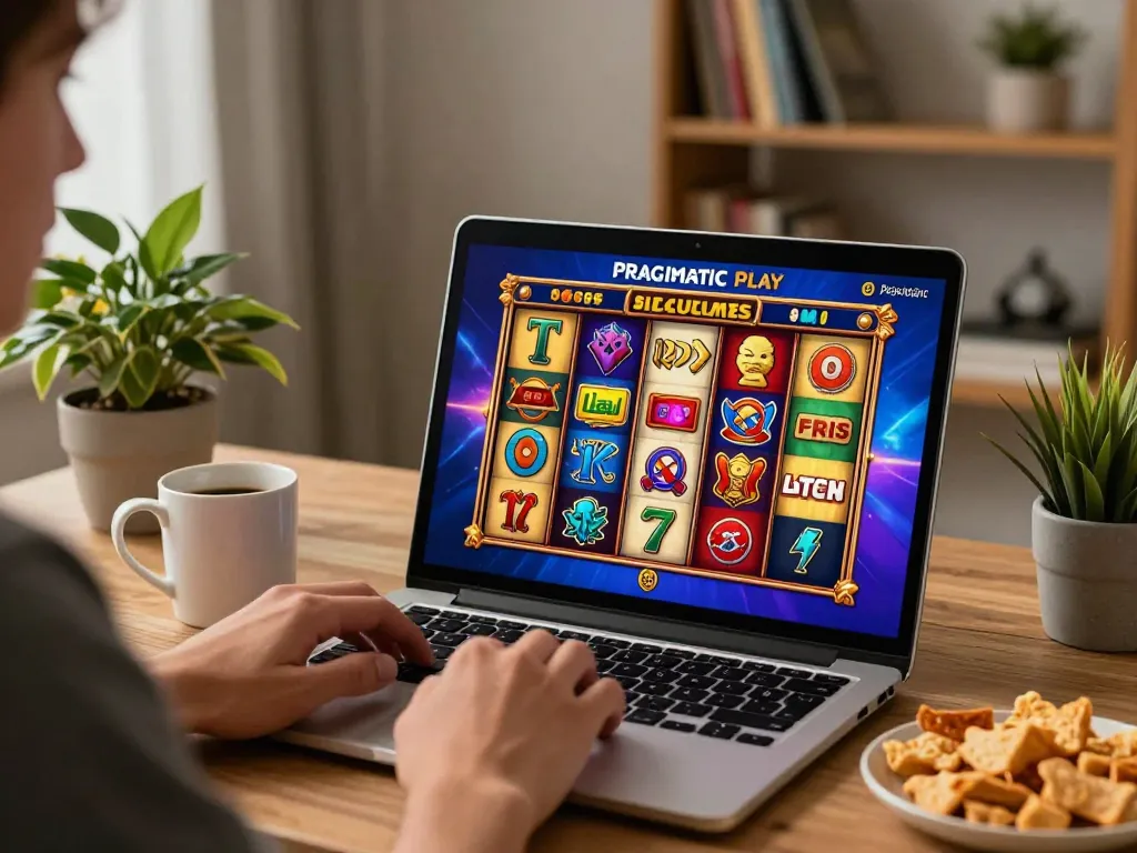 Engaging in fun gameplay at the SITUS LIGALGO with colorful slot reels on the screen.