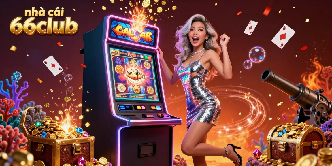 Experience the excitement at nhà cái 66club as a celebratory Asian woman rejoices next to a jackpot-winning slot machine.