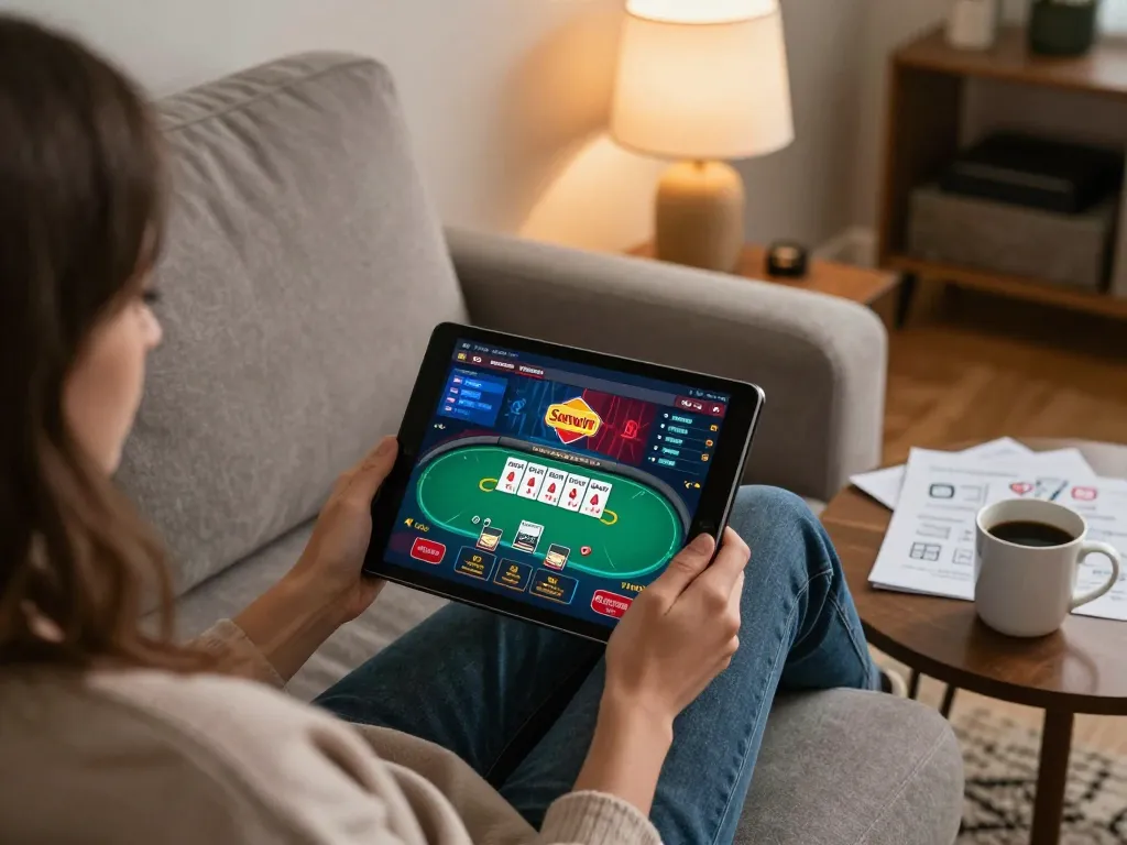 Player enjoying online casino at Sunwin on tablet in cozy home setting, showcasing responsible gaming.