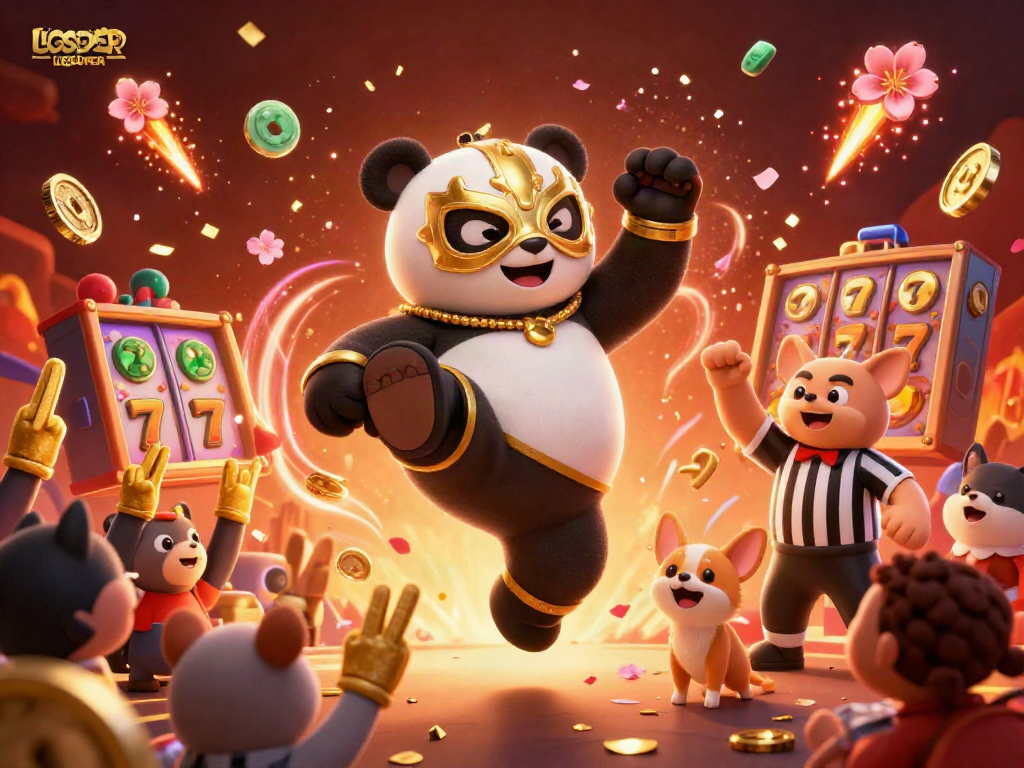 Join the excitement with LGOSUPER as the panda wrestler kicks high in a vibrant casino scene.