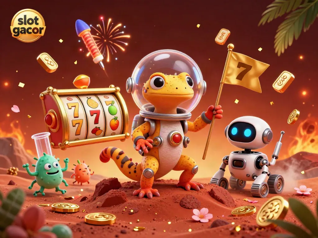 Experience thrilling slot gacor adventures in a vibrant Martian casino with golden treasures.