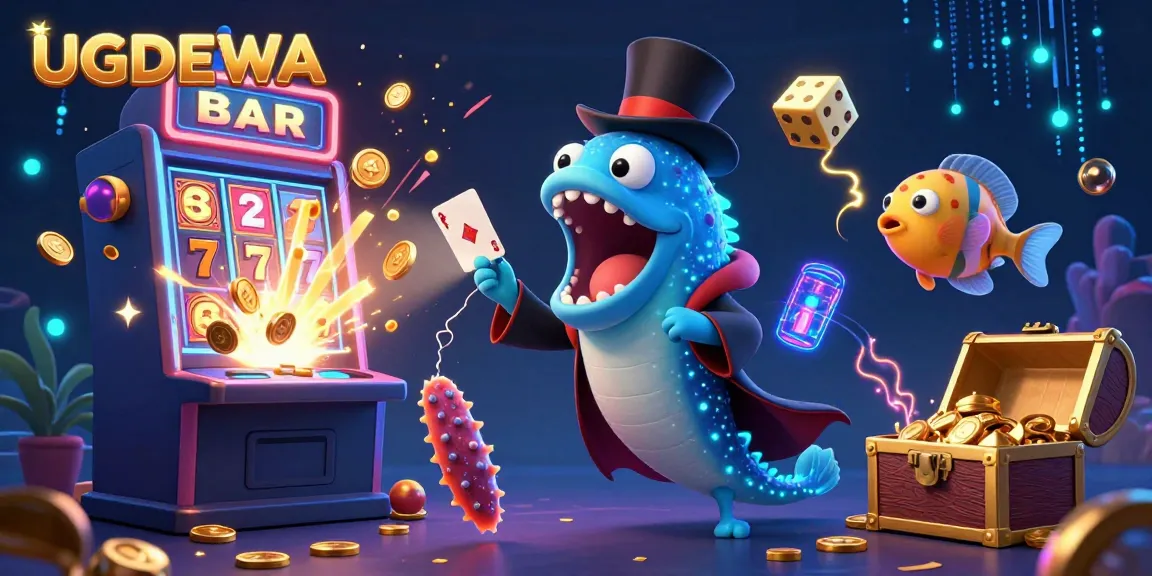 Experience the excitement of UGDEWA with a dazzling underwater casino scene featuring magical card tricks and jackpot wins.
