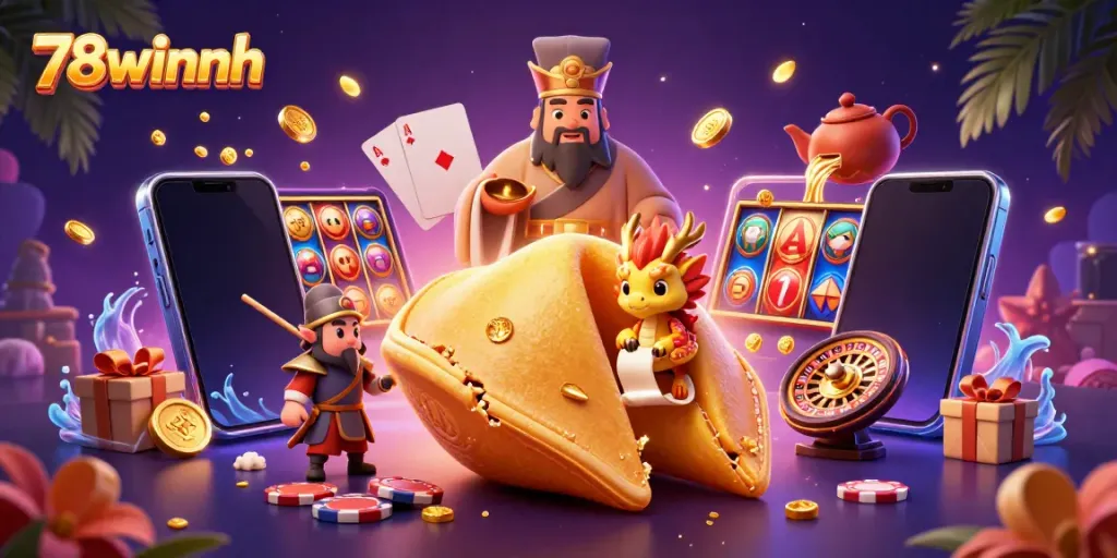 Engage with the exciting world of 78winnh showcasing a golden fortune cookie and dynamic casino elements.