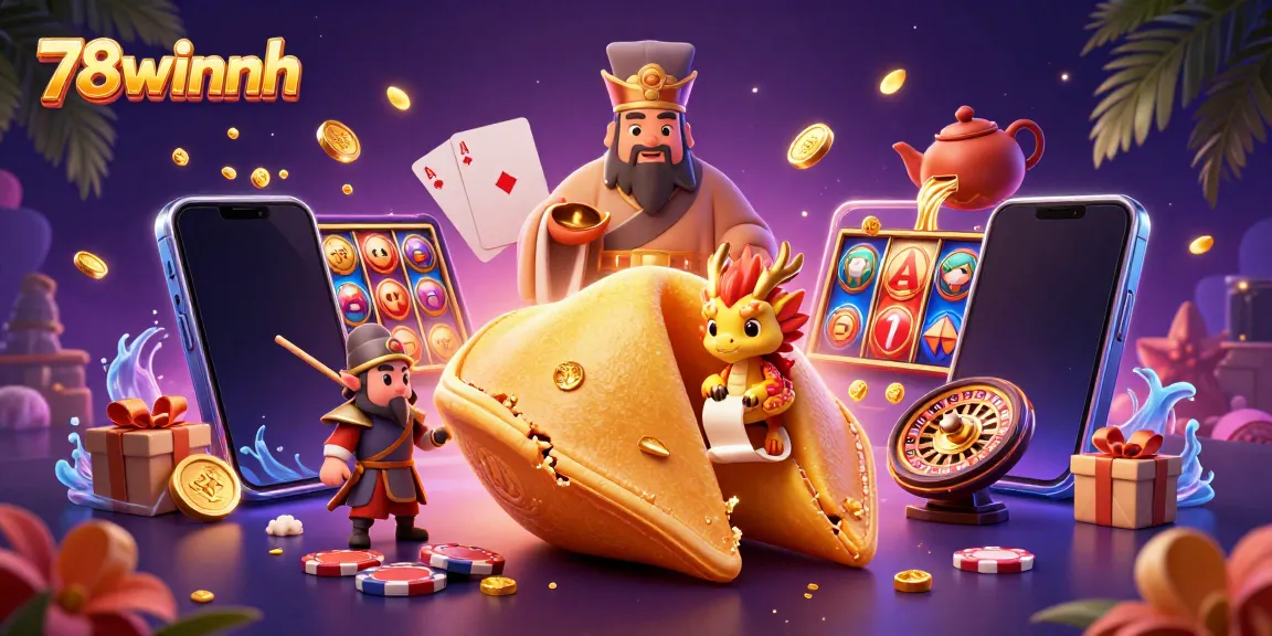 Engage with the exciting world of 78winnh showcasing a golden fortune cookie and dynamic casino elements.
