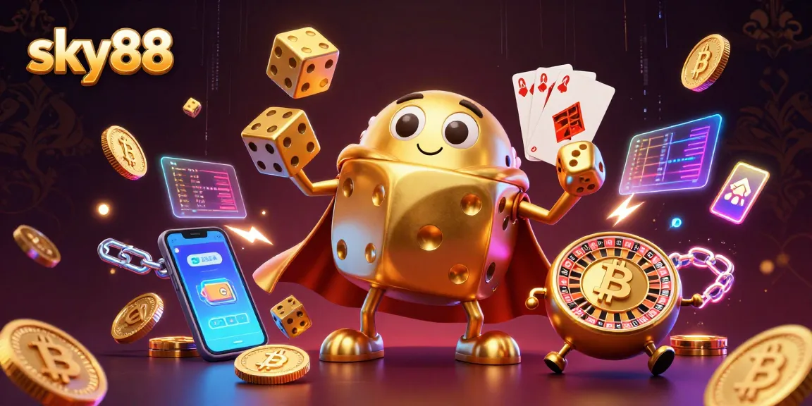 Engage with expert strategies at sky88 in this vibrant 3D casino scene showcasing animated dice and crypto elements.