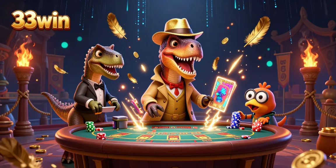 33win velociraptor card counter at blackjack table surrounded by dynamic casino elements