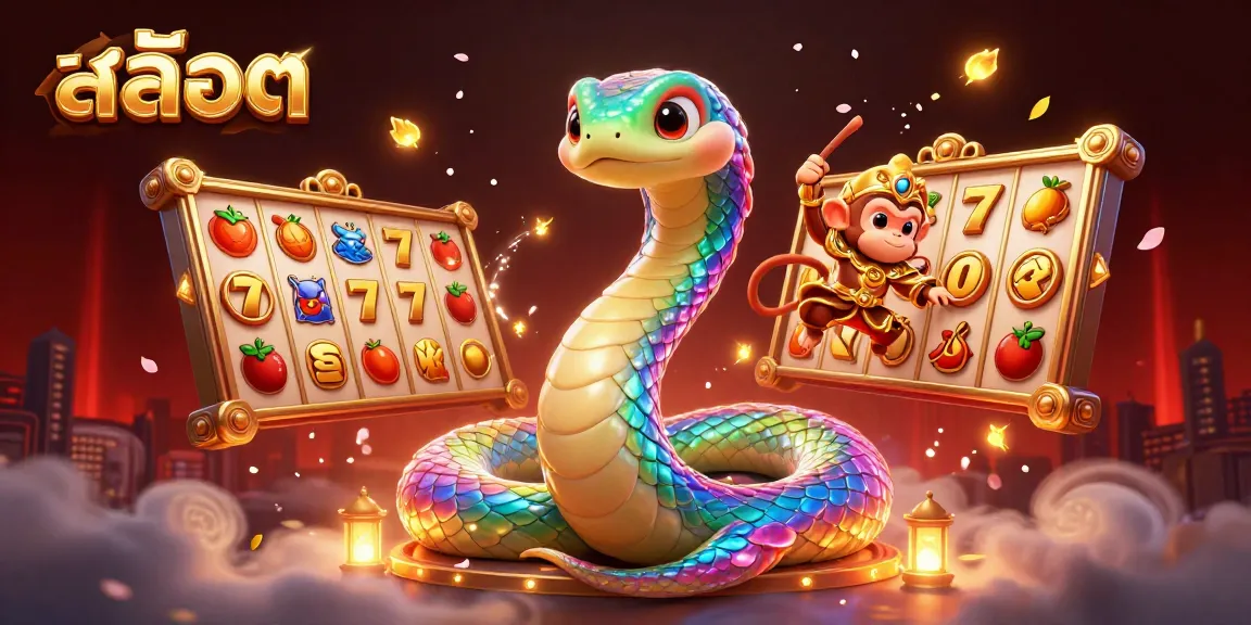 Engaging illustration of สล็อต reels with rainbow serpent and playful monkey king in a vibrant casino setting.