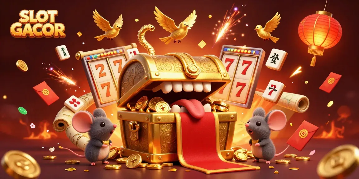 SLOT GACOR reveals a vibrant scene of animated casino fun, featuring a golden treasure chest and dynamic gaming elements.