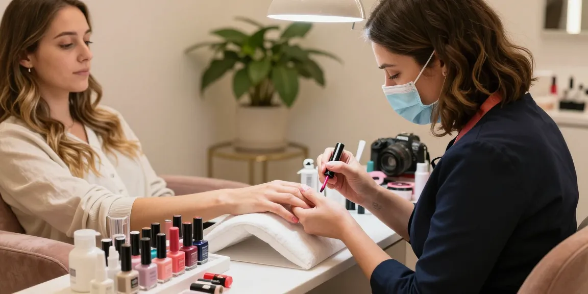 Paradise Nail Beauty technician applying vibrant nail polish to a client's hands in a serene setting.
