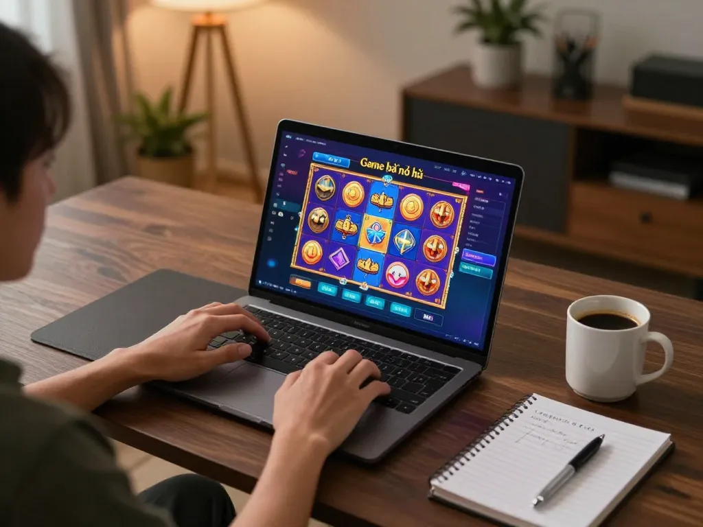 Engaging player enjoying Game bài nổ hũ on a laptop at a stylish home setup, showcasing a cozy gaming atmosphere.