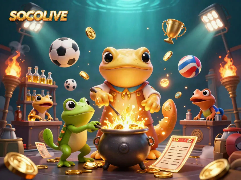 SOCOLIVE platform features a dynamic scene with a golden salamander alchemist and sports elements for bettors.