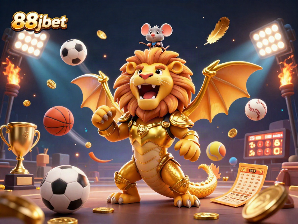 Experience thrilling sports betting action with 88jbet's vibrant 3D illustration featuring a golden chimera and sports balls.