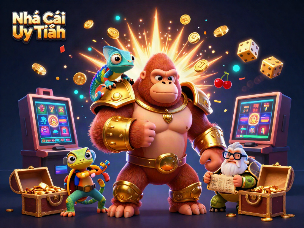 Experience the excitement of Nhà Cái Uy Tín with a dynamic scene featuring a gorilla king and casino elements