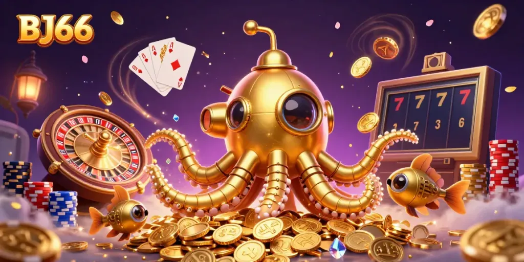 Experience the vibrant energy of BJ66 with a dynamic 3D casino scene featuring a golden kraken and treasure.