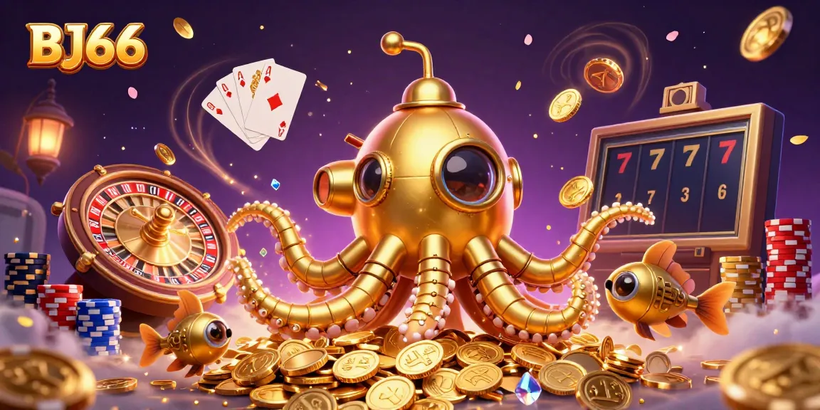 Experience the vibrant energy of BJ66 with a dynamic 3D casino scene featuring a golden kraken and treasure.