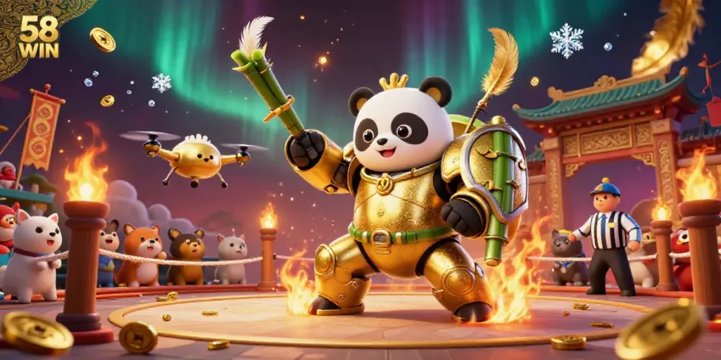 Experience the vibrant and energetic atmosphere of 58 WIN, with a mech-suit panda battling amidst cheering spectators and dynamic casino elements.